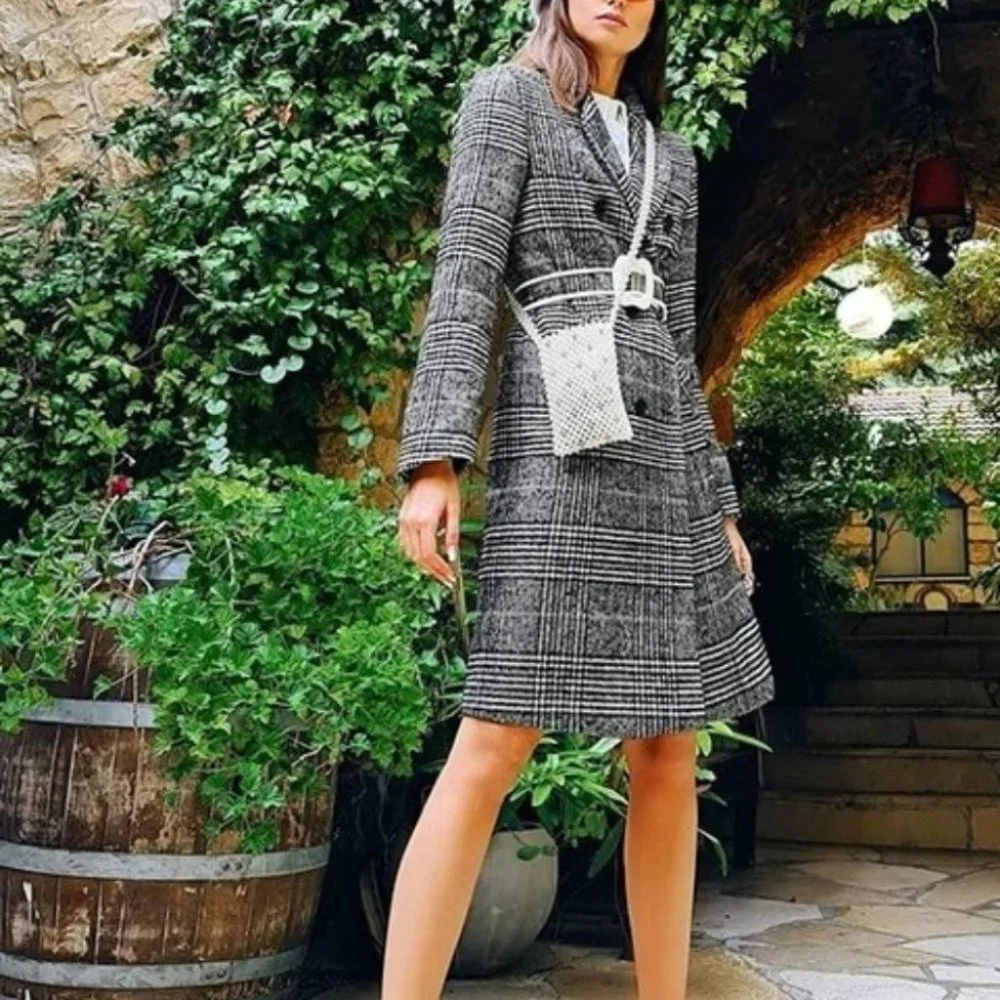 plaid Print Double Breasted Pea Overcoat jacket fall/winter - Picture 2 of 15